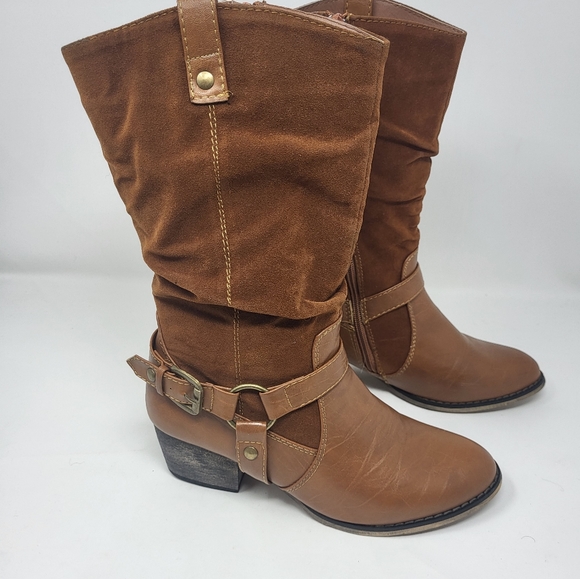 Daily Shoes Zipper Closure Harness Heeled Boots Tan Faux Suede Tan Brown Size 8 - Picture 3 of 13